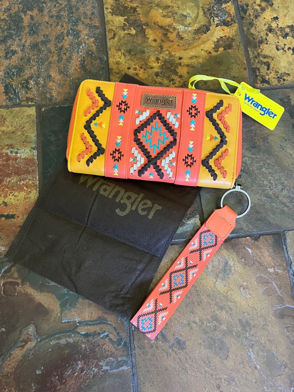Wrangler Coral/Orange & Gold Southwestern Embroidered Zip Wallet Wrist Strap